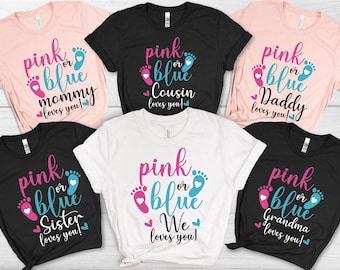 Camisetas de revelación de género rosa o azul, camisetas personalizadas, camisetas familiares a juego, camisetas para fiestas de revelación de género, revelación de género