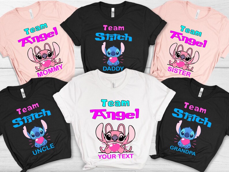 May include: A collection of t-shirts featuring the characters Angel and Stitch. The shirts are in various colors, including pink, black, and white, with the words "Team Angel" and "Team Stitch" in a colorful font. Each shirt has a different family member's name.