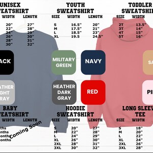 May include: A product size chart for sweatshirts and long-sleeve tees. The chart includes sizes and measurements for unisex, youth, toddler, baby, and hoodie styles. Colors include black, navy, red, and pink.