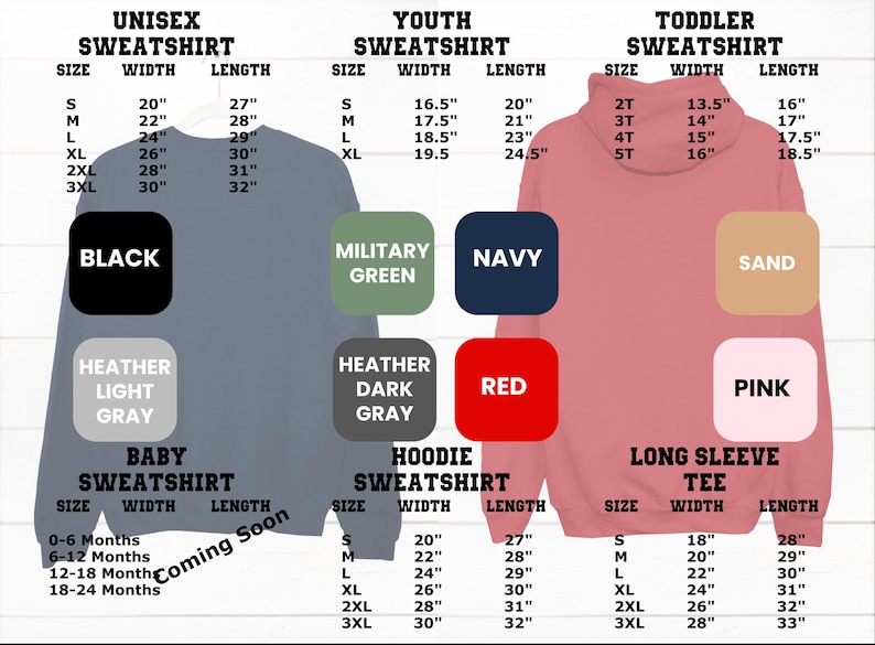May include: A product size chart for sweatshirts and long-sleeve tees. The chart includes sizes and measurements for unisex, youth, toddler, baby, and hoodie styles. Colors include black, navy, red, and pink.