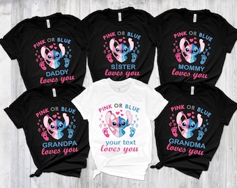Camiseta personalizada para revelar el género, camiseta de ángel de Stitch de Disney, camiseta para baby shower, guardián del género, embarazo de niño o niña, Stitch personalizado en rosa o azul.