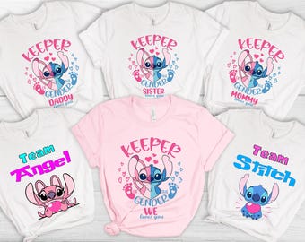 Camiseta personalizada para revelar el género, camiseta para fiesta de revelación de género, camiseta de Stitch, camisetas para fiesta de revelación de género, guardián del género, fiesta de revelación de género