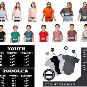 May include: A collection of t-shirts and bodysuits in various colors, including white, pink, orange, and gray. The image also displays a size chart for youth and toddler sizes, with measurements in inches.