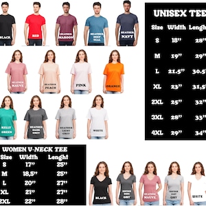 May include: A collection of t-shirts in various colors, including black, red, and heather maroon, are displayed. The image also shows size charts for unisex and women's V-neck tees, with measurements in inches.