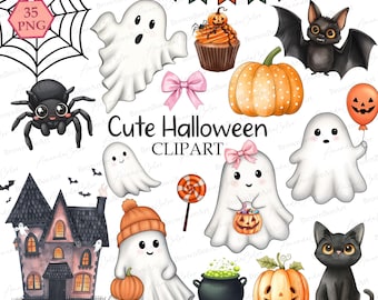 Halloween Clipart Bundle: Witch, Ghost, Pumpkin, Black Cat (PNG, Digital Download)