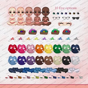 Puede incluir: Una ilustraci&oacute;n digital de una ni&ntilde;a tejiendo con varias opciones de ropa y ojos. La imagen incluye 10 opciones de ojos diferentes, 12 opciones de su&eacute;teres, 8 opciones de pantalones y 8 opciones de zapatos. El texto "10 Eye options" est&aacute; en la parte superior de la imagen.