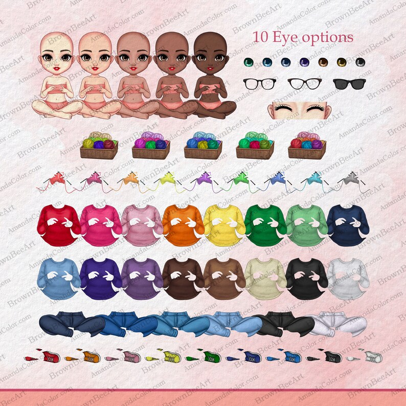 Puede incluir: Una ilustraci&oacute;n digital de una ni&ntilde;a tejiendo con varias opciones de ropa y ojos. La imagen incluye 10 opciones de ojos diferentes, 12 opciones de su&eacute;teres, 8 opciones de pantalones y 8 opciones de zapatos. El texto "10 Eye options" est&aacute; en la parte superior de la imagen.