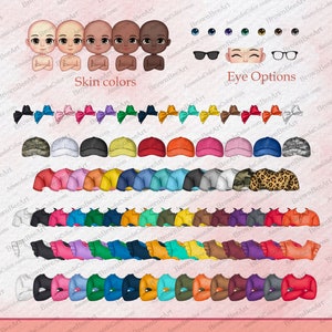 Puede incluir: Un gr&aacute;fico de arte digital con varias opciones de personalizaci&oacute;n. Incluye tonos de piel, opciones de ojos, lazos y gorras de b&eacute;isbol en m&uacute;ltiples colores. Tambi&eacute;n se muestran camisetas de manga corta y larga en una variedad de colores y patrones. El texto "Skin colors" y "Eye Options" son visibles.