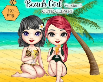Beach Girl Clipart: Summer Tropical Chibi Graphics (PNG Digital Download)