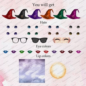 Personalizable Lovely Sisters Halloween Clipart, Best Witches clipart, Bestie clipart, Halloween Clipart Collection, Chibi clipart image 5