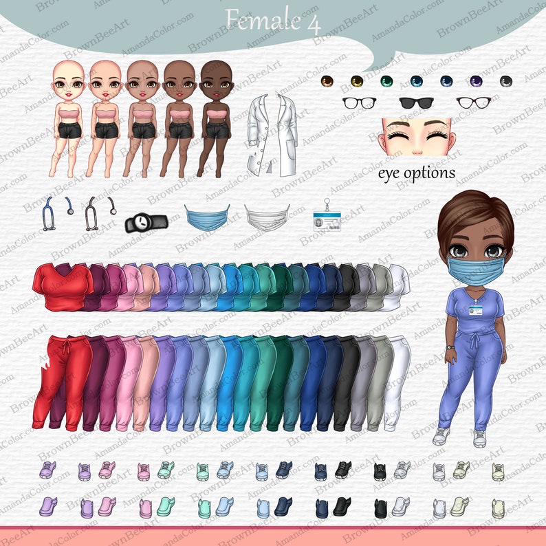 K&ouml;nnte beinhalten: Eine digitale Illustration einer weiblichen Figur mit verschiedenen Kleidungsoptionen. Die Figur hat braune Haut und braunes Haar. Die Kleidungsoptionen umfassen Scrubs, Hosen, Schuhe und Accessoires. Die Figur tr&auml;gt ein blaues Scrub-Oberteil und eine blaue Hose, eine blaue Gesichtsmaske und schwarze Schuhe. Das Bild enth&auml;lt auch verschiedene Augenoptionen, ein Stethoskop, eine Uhr und eine Gesichtsmaske.
