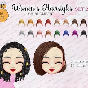 Black Woman Chibi Hairstyle Clipart Set (Digital Download)