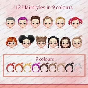 Puede incluir: Ilustraci&oacute;n digital que presenta 12 peinados en 9 colores. La imagen muestra caras de dibujos animados con diversos colores y estilos de cabello, incluyendo opciones cortas, largas y trenzadas. El texto "12 Hairstyles in 9 colours" se muestra en la parte superior.