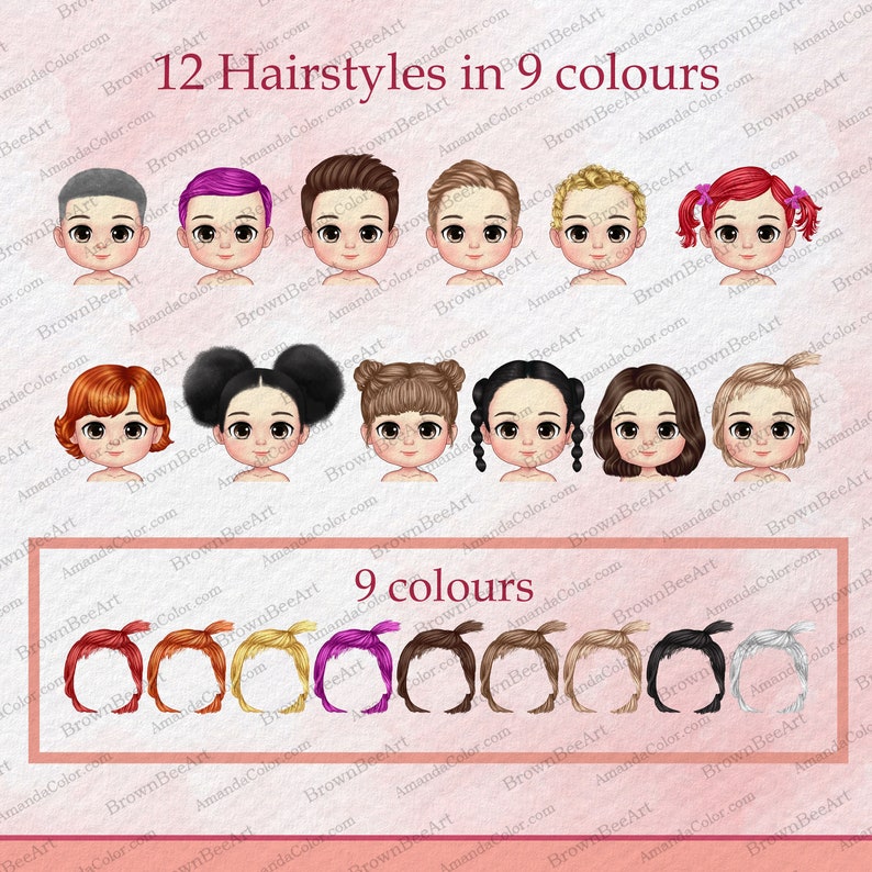 Puede incluir: Ilustraci&oacute;n digital que presenta 12 peinados en 9 colores. La imagen muestra caras de dibujos animados con diversos colores y estilos de cabello, incluyendo opciones cortas, largas y trenzadas. El texto "12 Hairstyles in 9 colours" se muestra en la parte superior.