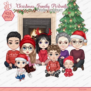 Imágenes prediseñadas de retratos de familia en Chibi para Navidad, imágenes prediseñadas de familia sentada, imágenes prediseñadas de Navidad, suéter, madre, padre, niños, imágenes prediseñadas de adolescentes