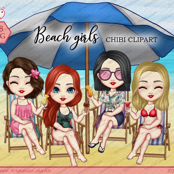 Strand Mädchen Clipart, Sommer Clipart, Freund Clipart, Chibi Clipart, Sommer Mädchen png, Strand Tropical, Schwestern Clipart