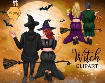 Halloween Witch Friends Clipart: 80 PNG Images (Digital Download