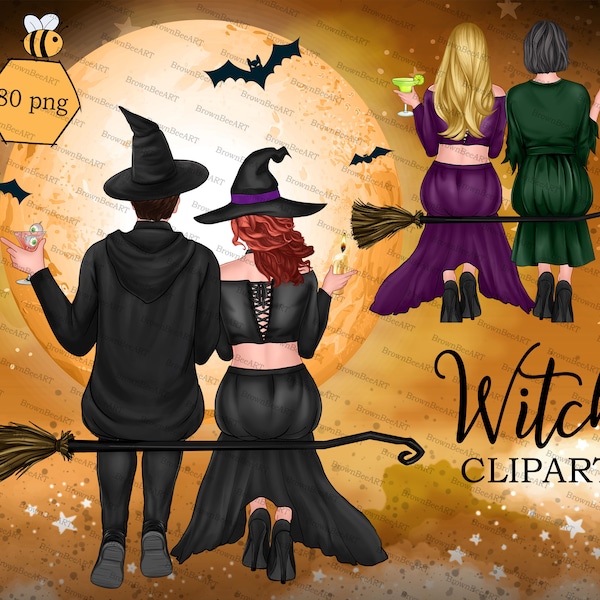 Witch couple clipart: Halloween witch clipart, halloween custom, best friends clipart, digital clipart