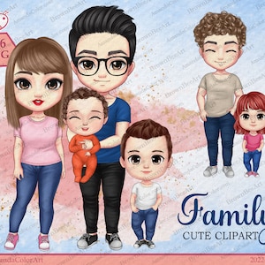 Lovely chibi family clipart, T-shirt, Jeans, Mother, Father, Children, Baby clipart,, Personalized clipart, PNG