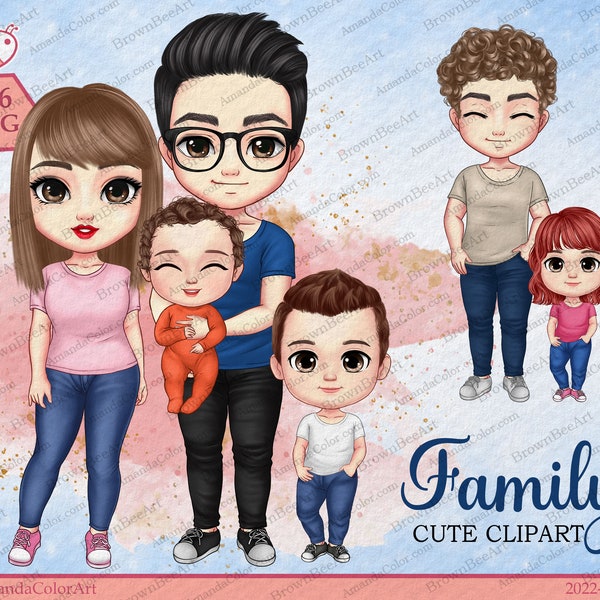 Bella clipart di famiglia chibi, T-shirt, Jeans, Madre, Padre, Bambini, Clipart per bambini, Clipart personalizzata, PNG