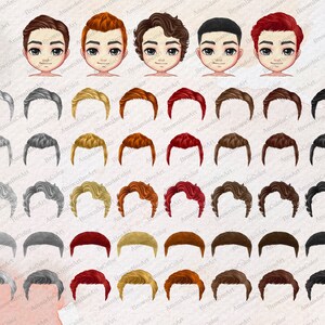 Puede incluir: Un conjunto de 40 ilustraciones digitales de diferentes peinados para hombres. Los peinados son de varios colores, incluyendo negro, marr&oacute;n, rubio, rojo y gris. Los peinados son de diferentes estilos, incluyendo corto, mediano y largo.