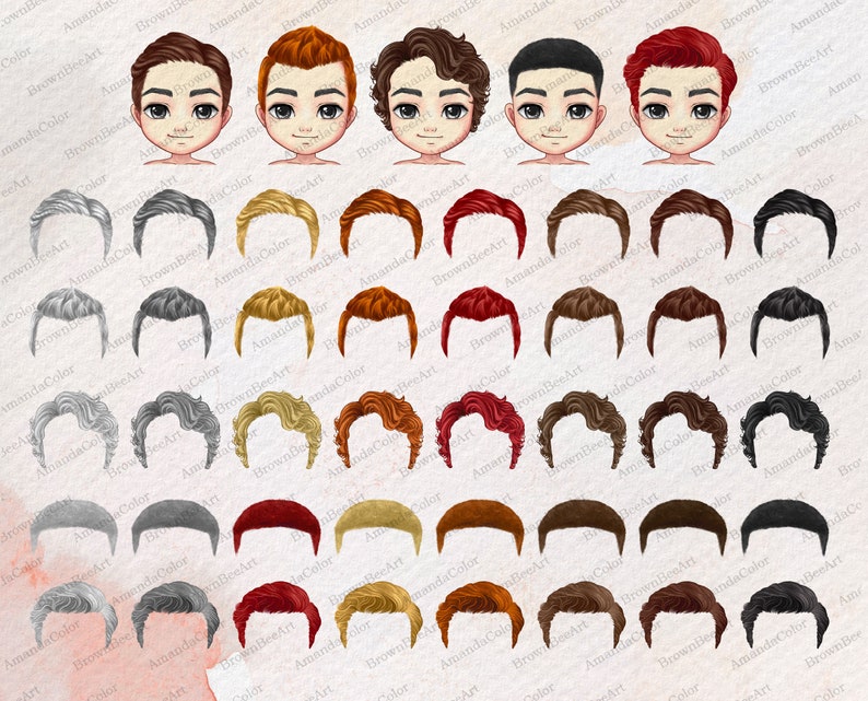 Puede incluir: Un conjunto de 40 ilustraciones digitales de diferentes peinados para hombres. Los peinados son de varios colores, incluyendo negro, marr&oacute;n, rubio, rojo y gris. Los peinados son de diferentes estilos, incluyendo corto, mediano y largo.