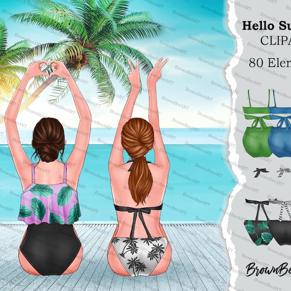 Hello Summer, summer girl clipart, beach girl clipart, Fashion clipart, swimwear clipart, best friend clipart, sitting clipart