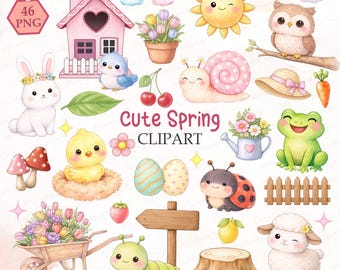 May include: Watercolor illustrations of spring-themed elements, including a pink house, bunny, chick, snail, and ladybug. The image also features a rainbow, flowers, and the text "Cute Spring CLIPART."