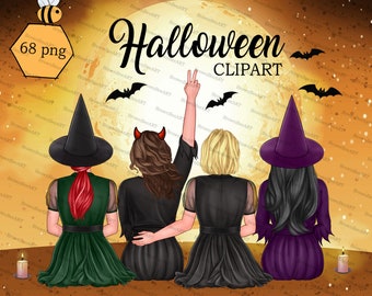 Halloween Witch Sisters Clipart, Friends PNG (Digital Download