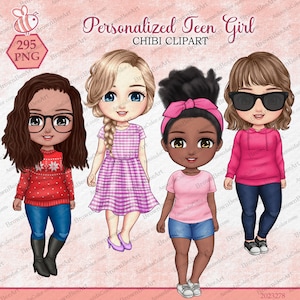 Personalized Teen Girl Chibi Clipart, Sisters clipart, Grandchildren clipart, Friend clipart, Christmas clipart
