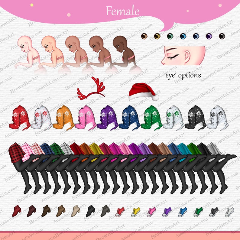 Op de afbeelding: Een digitale illustratie van een vrouwelijk personage met verschillende aanpassingsmogelijkheden. Het personage draagt een rood-witte kersttrui, een geruite broek, zwarte panty's en bruine laarzen. Er zijn meerdere opties voor het haar, de ogen, de trui, de broek, de panty's en de schoenen van het personage.
