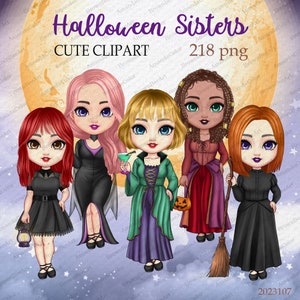 Personalizable Lovely Sisters Halloween Clipart, Best Witches clipart, Bestie clipart, Halloween Clipart Collection, Chibi clipart image 1