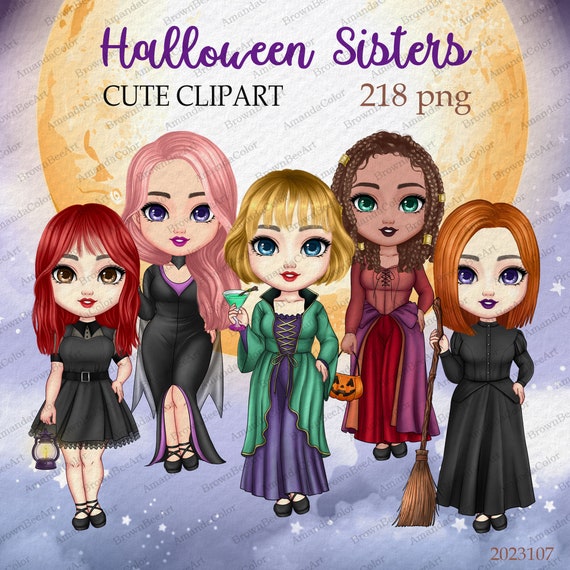 Personalizable Lovely Sisters Halloween Clipart, Best Witches clipart, Bestie clipart, Halloween Clipart Collection, Chibi clipart