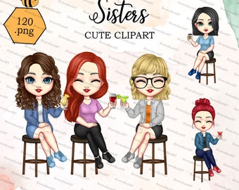 Sister clipart Cute clipart, Best friend clipart, bestie clipart, cocktail clipart, Girl doll sitting, Denim clipart