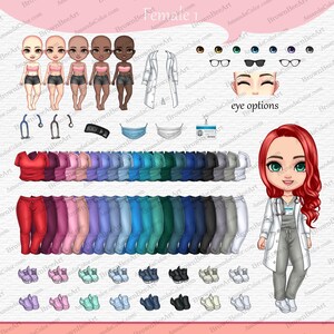 K&ouml;nnte beinhalten: Eine digitale Illustration einer weiblichen Arztfigur mit roten Haaren. Die Figur tr&auml;gt einen wei&szlig;en Laborkittel, graue Scrubs und schwarze Schuhe. Das Bild enth&auml;lt eine Vielzahl von Kleidungs- und Accessoire-Optionen zum Anpassen der Figur, darunter Oberteile, Hosen, Schuhe und Augenoptionen.
