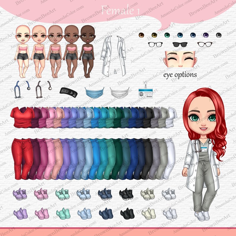 K&ouml;nnte beinhalten: Eine digitale Illustration einer weiblichen Arztfigur mit roten Haaren. Die Figur tr&auml;gt einen wei&szlig;en Laborkittel, graue Scrubs und schwarze Schuhe. Das Bild enth&auml;lt eine Vielzahl von Kleidungs- und Accessoire-Optionen zum Anpassen der Figur, darunter Oberteile, Hosen, Schuhe und Augenoptionen.
