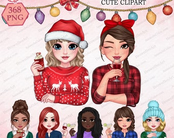 Christmas Girls Clipart, Merry Christmas, Winter clipart, Bestie clipart, Best friends clipart, Sisters clipart, Hot chocolate png