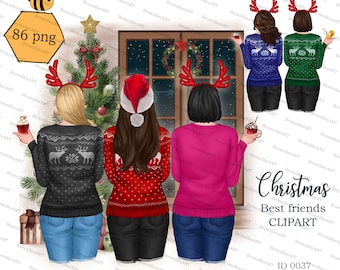 Christmas Besties Clipart: Drinks, Hairstyles, Outfits (PNG Digital Download)