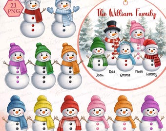 May include: A collection of snowman illustrations wearing colorful hats and scarves. The snowmen have twig arms and button eyes. One design features a family of snowmen with the text "The William Family". The image includes a "21 PNG" graphic.