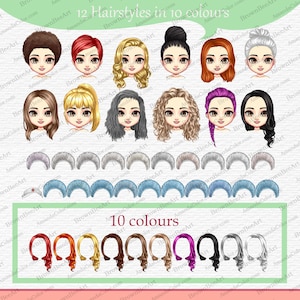 K&ouml;nnte beinhalten: Ein Satz von 12 digitalen Illustrationen von Cartoon-Frisuren in 10 verschiedenen Farben. Die Frisuren sind f&uuml;r M&auml;dchen und umfassen eine Vielzahl von Stilen, wie zum Beispiel lang, lockig, glatt und geflochten. Die Farben umfassen Rot, Orange, Gelb, Gr&uuml;n, Blau, Lila, Rosa, Braun, Schwarz und Grau.