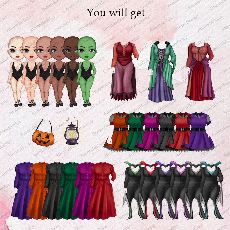 Personalizable Lovely Sisters Halloween Clipart, Best Witches clipart, Bestie clipart, Halloween Clipart Collection, Chibi clipart image 3