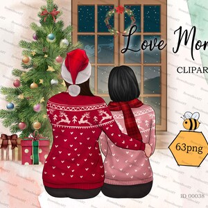 May include: Two people wearing red and pink sweaters with reindeer and heart patterns stand in front of a window with a Christmas tree and presents. The text "Love Mom" is written on the window.