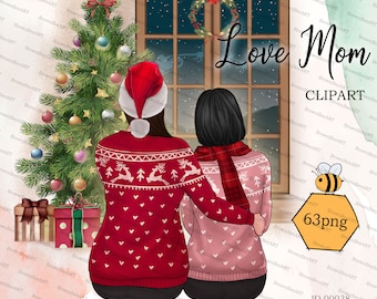 Mother Daughter Christmas Clipart: Custom Family Portrait (Digital Download)