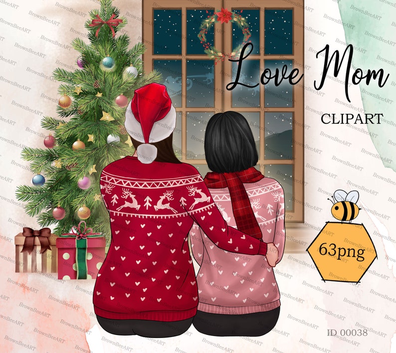 May include: Two people wearing red and pink sweaters with reindeer and heart patterns stand in front of a window with a Christmas tree and presents. The text "Love Mom" is written on the window.