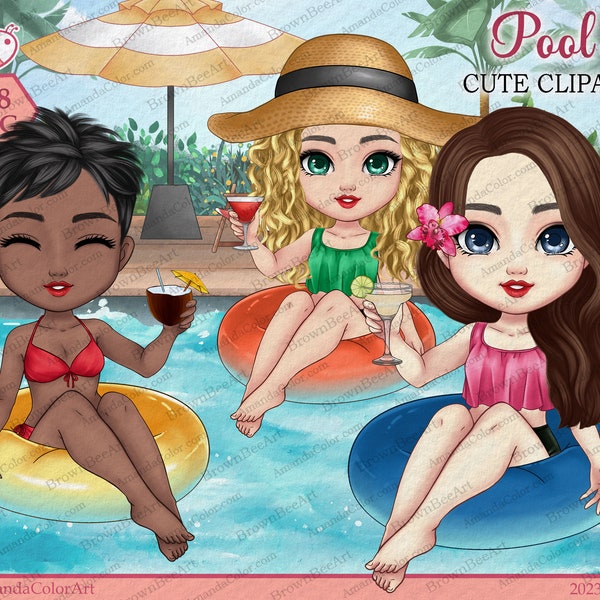 Girl pool party clipart, Swimsuits clipart, Summer clipart, Friend clipart, Chibi clipart, Sisters clipart