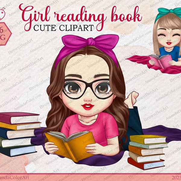 Girl reading book, Cute clipart, Chibi clipart,  Study, Bookworm clipart, book lover clipart, Customizable Hair and Fashion Illustrations