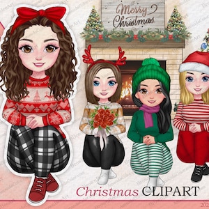 May include: Four digital illustrations of women wearing Christmas-themed outfits. The women are sitting in front of a fireplace with a Christmas tree and a sign that says "Merry Christmas".