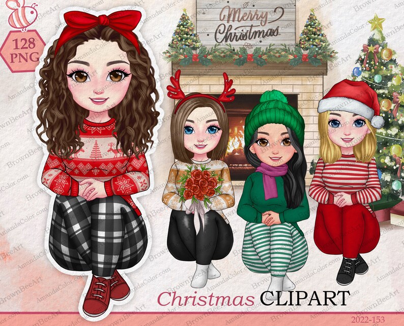 May include: Four digital illustrations of women wearing Christmas-themed outfits. The women are sitting in front of a fireplace with a Christmas tree and a sign that says "Merry Christmas".