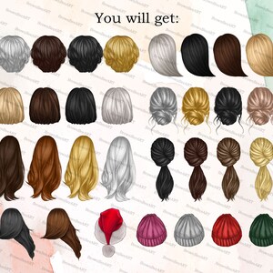 May include: A set of 24 digital illustrations of women's hairstyles, including various styles, colors, and accessories. The illustrations are in a cartoon style and feature a variety of hair colors, lengths, and styles, including braids, ponytails, buns, and loose waves. Some of the illustrations also include hats, headbands, and other accessories.