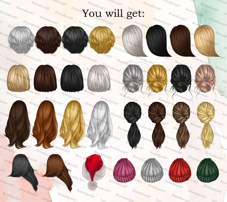 May include: A set of 24 digital illustrations of women's hairstyles, including various styles, colors, and accessories. The illustrations are in a cartoon style and feature a variety of hair colors, lengths, and styles, including braids, ponytails, buns, and loose waves. Some of the illustrations also include hats, headbands, and other accessories.